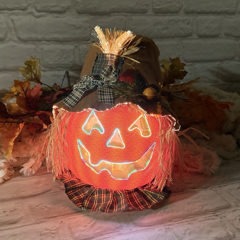 Vtg Halloween Fiber Optic Scarecrow Jack-O-Lantern Pumpkin Color Changing Light